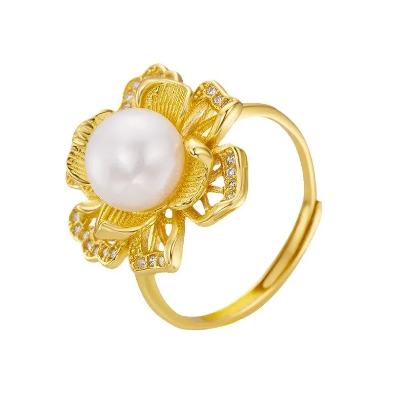 

Natural freshwater pearl 8-9mm large flower with zirconia ring 17mm adjustable exaggerated atmosphere ring party accessories