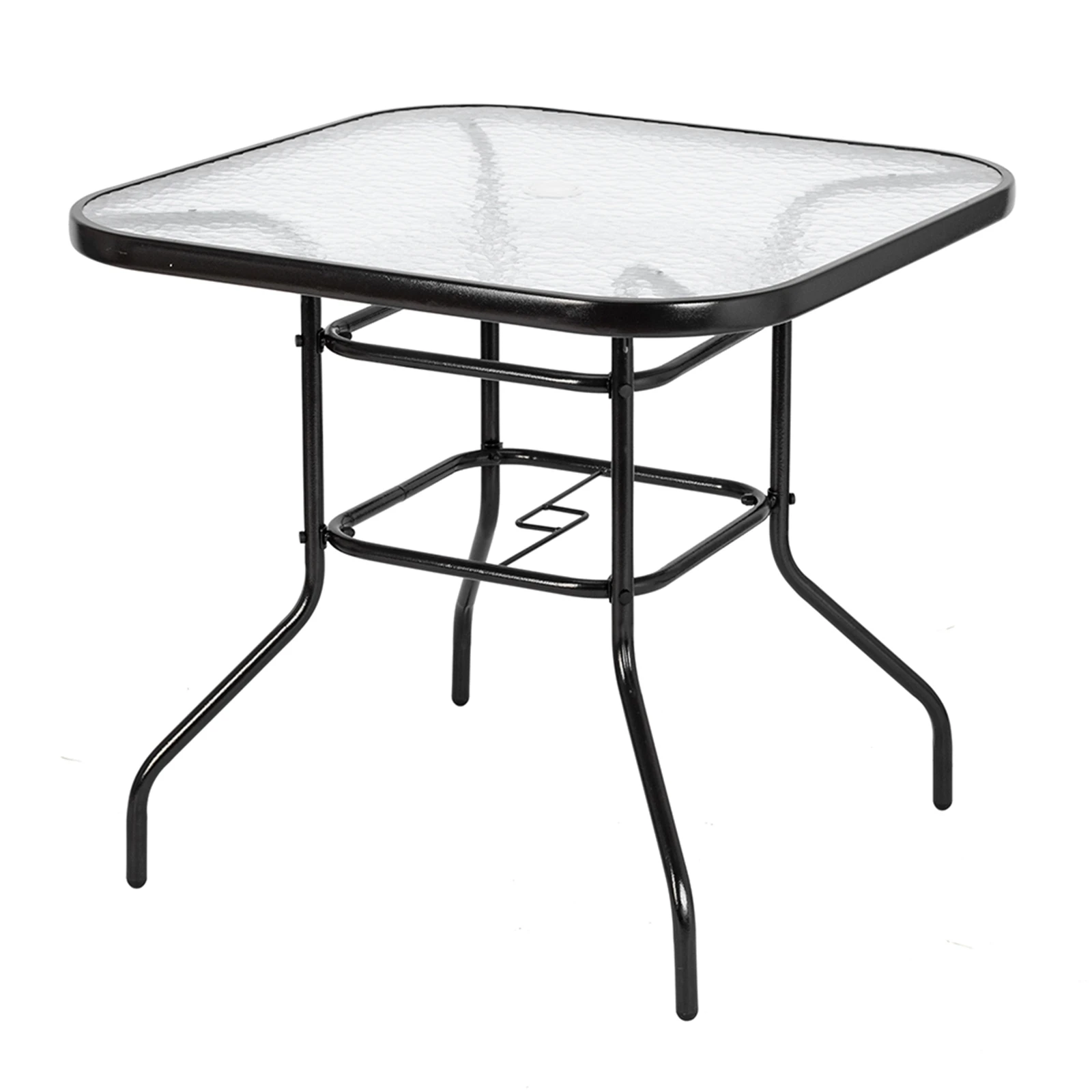 31.5 inches Tempered Glass Top Square Patio Table, Outdoor Dining Metal bracket Table with 1.8 inches Umbrella Hole