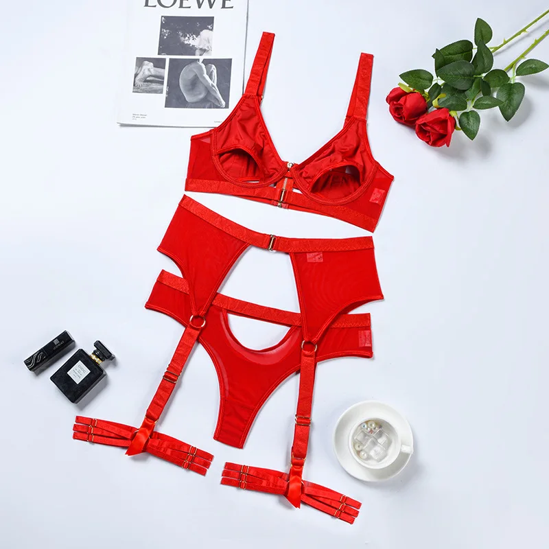 Aduloty New Erotic Lingerie Fashion Hot Girl Tight Cutout Sexy Ladies  Underwea Exquisite Bra Gathering Seduction Three Piece Set
