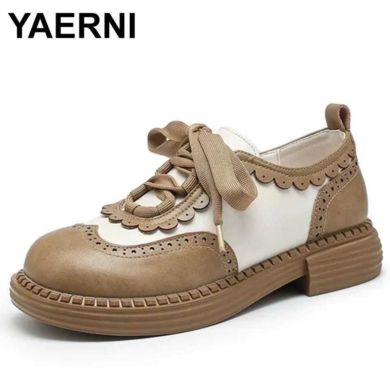 

2023 New Retro Genuine Leather Women Pumps Lace Up Spring Ladies Dress Shoes Mixed Colors Thick Med Heels Single Shoes