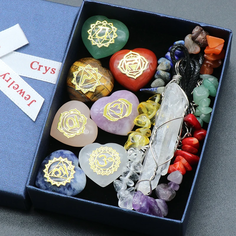Natürliche Stein Sieben Chakras Set Liebe Kristall Reiki Healing Mineral Edelstein Handwerk Hause Dekoration Anhänger Schmuck Geschenk Box – Detail 1