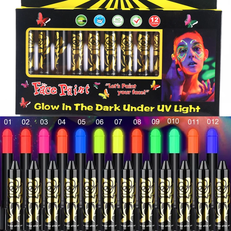 ערכת צביעת פנים וגוף בגוון נאון UV, 12 יחידות, צבעי פנים פלואורסנטיים המאירים בחושך, מקלות צביעה למרדי, הלווין, מסכרדה ואיפור