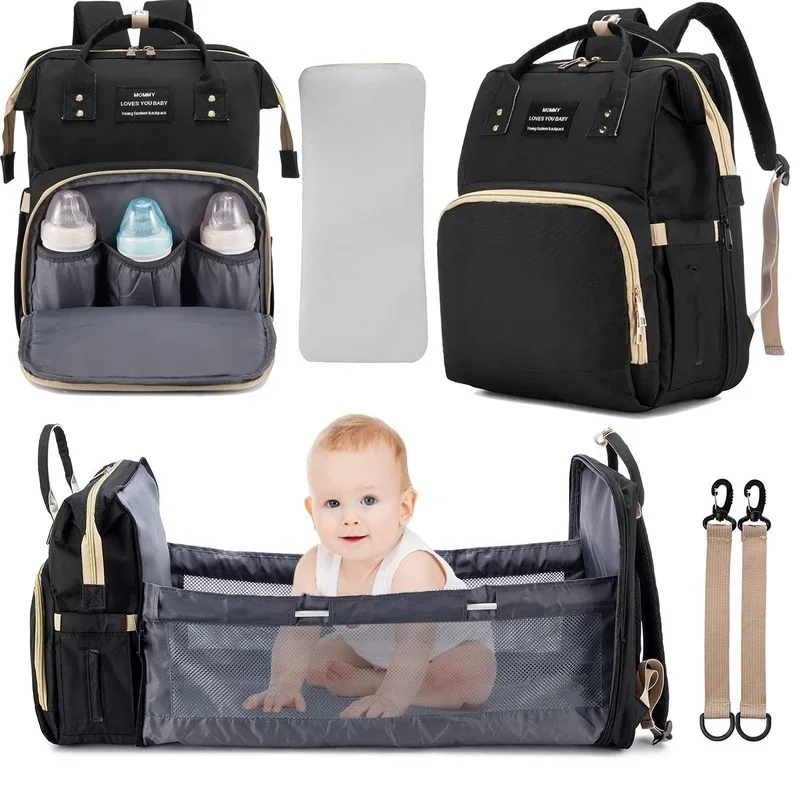 

Foldable Baby Crib with Changing Pad Diaper Bag Backpack USB Interface Babies Bags Station pañaleras para