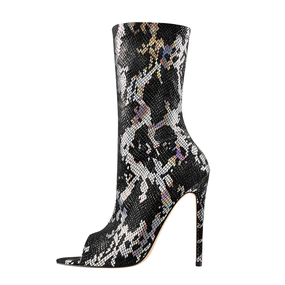 

2023 New Round Head Thin Heel Super High Heel Snake Fish Mouth Side Zipper Fashion Show Large Size Short Boots Women's Boots