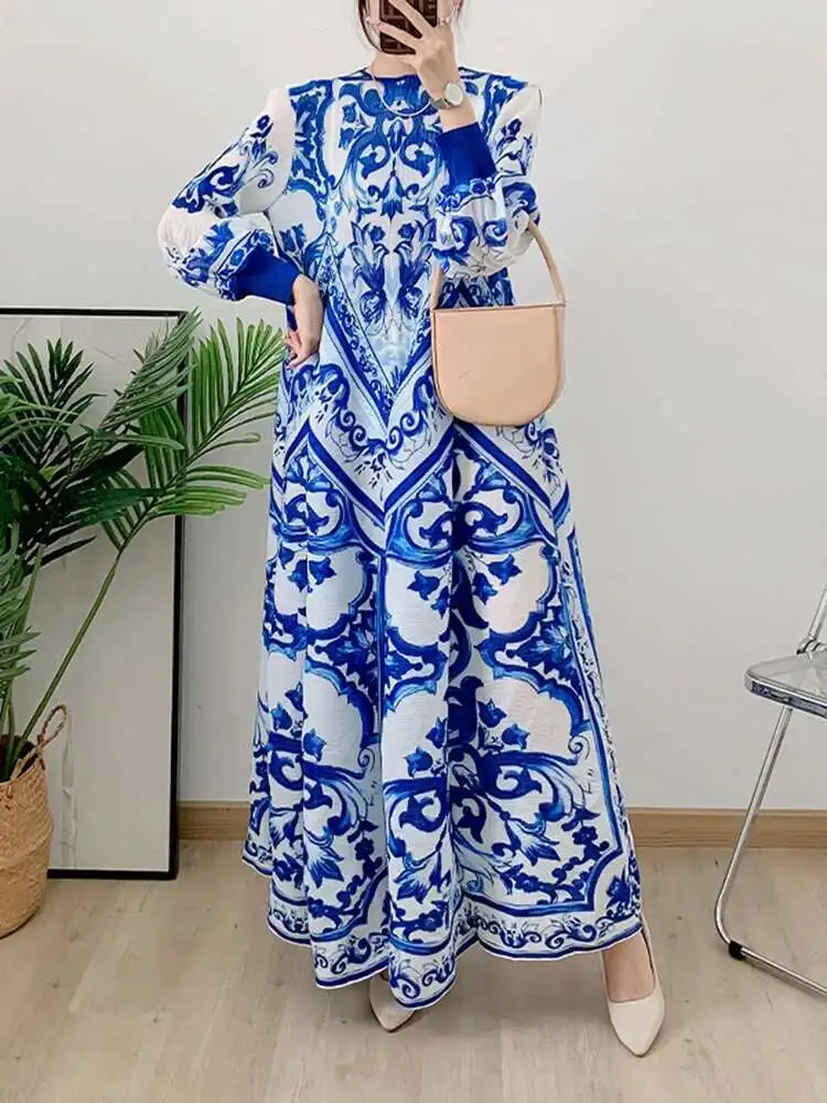 LANMREM Pleated Print Dress Women's O-neck Lantern Sleeves Color Contrast Elegant Long Dresses 2025 Spring New Clothing 2Z2990 - Image 3