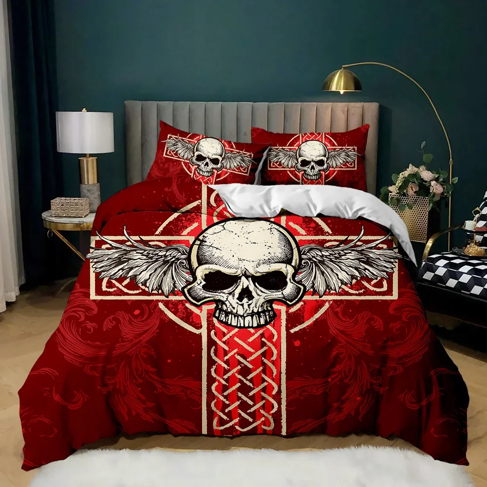 Skull Duvet Cover Set, Abstract Texture with Skull and Crossbones Pattern Aged Rusty Grunge Style 2/3pcs Polyester Bedding Set