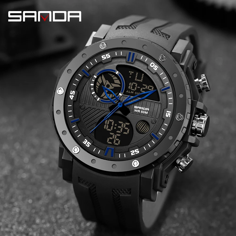 

SANDA 6012 Quartz Watch Men Army black 50M Waterproof Silicone Strap Sports Watches Luminous Digital Display Relogio Masculino