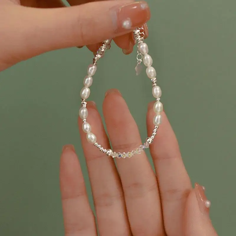 

Natural Freshwater White Pearl Bracelet 925 Silver Baroque Genuine Pearls Beaded Bangles Chain for Women Fine Jewelry Gifts