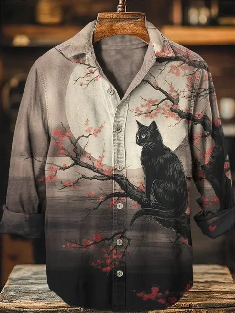 New Men's Linen Long Sleeve Shirt Button Casual Shirt 3D Octopus Flower Print Long Sleeve Fashion Comfort Top 2