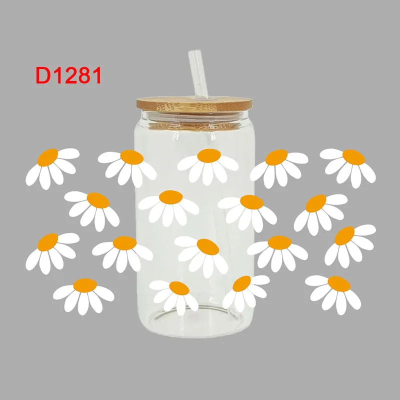 UV DTF flower Transfer Happy Juice Printed Sticker 16oz Libbey Glasses Wraps Bottles Cup D1076