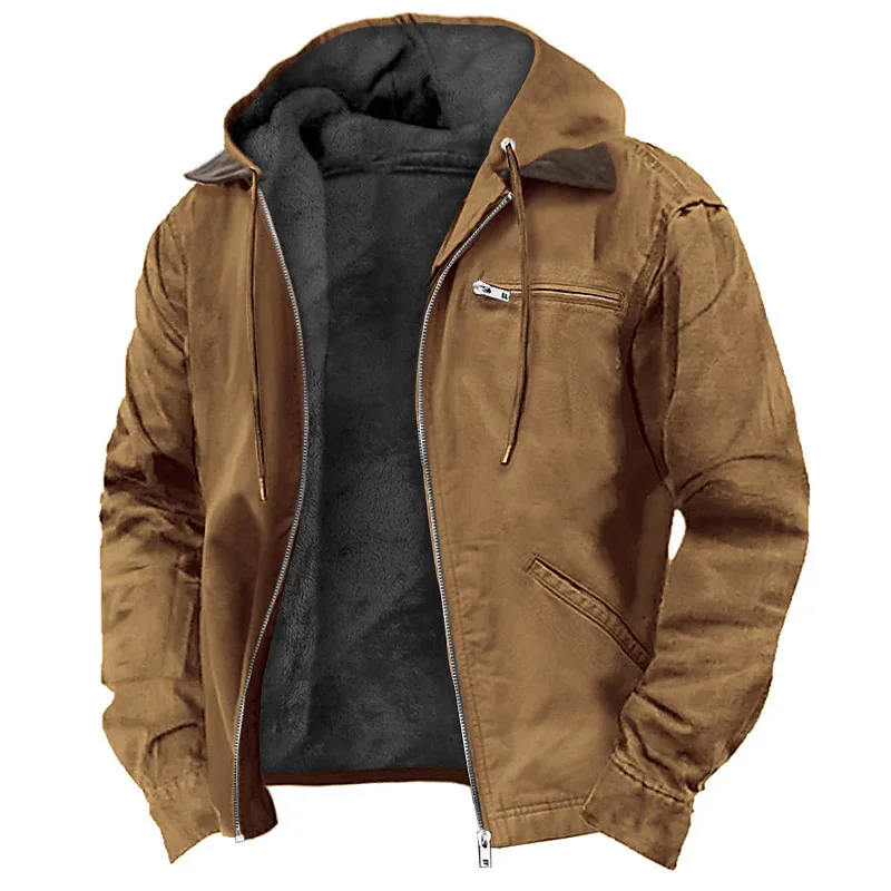 Winter Men Plush Jacket Vintage Solid Color Zipper Male Hooded Coat Long Sleeve Windproof Casual Versatile Man Cargo Outerwear