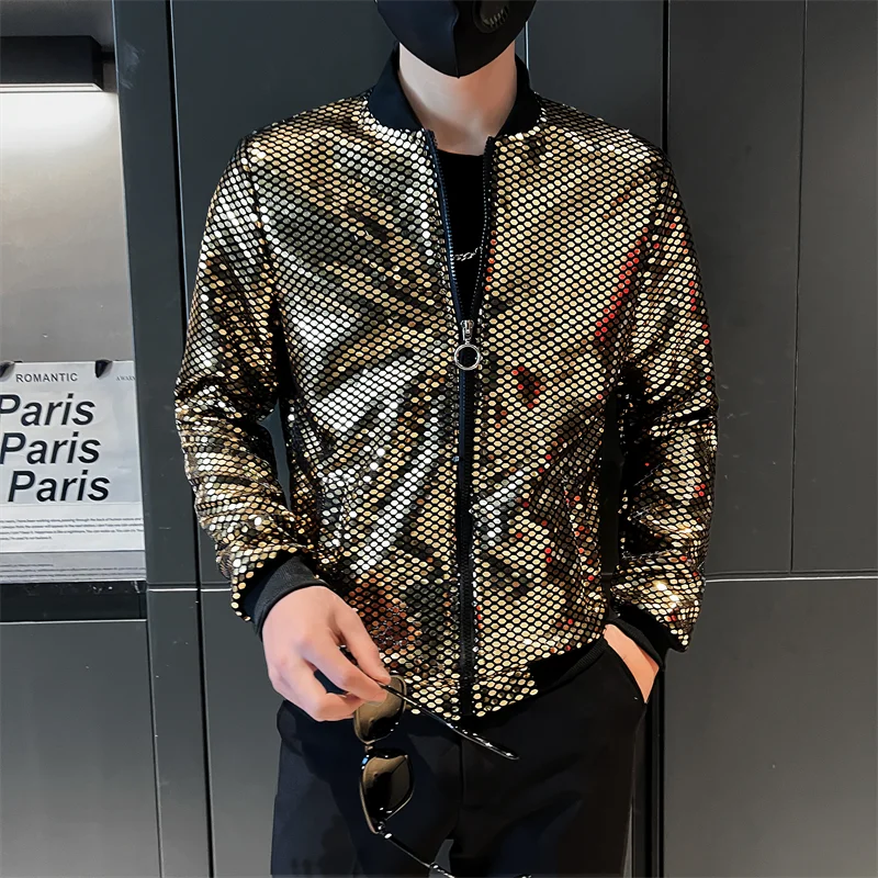 Y2K Men's Streetwear Night Club Stage Thin Motorcycle Jackets Trendyol Men Hip Hop Sequined Bombers Jacket Coat Fashion Clothing шуба trendyol