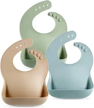 3-Piece Waterproof Silicone Bibs for Babies 10-72 Months, Soft & Easy to Clean