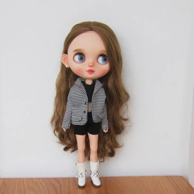 Fashion Blythe Clothes Check Blazer Coat Vintage Manica Lunga Giacca Tasche Capispalla Per Blyth Barbie Ob24 Licca Doll Outfits