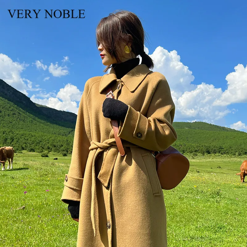 

Autumn new women's Korean version of the commuter Australian wool and cashmere coat light cooked lapel tie extended version of t