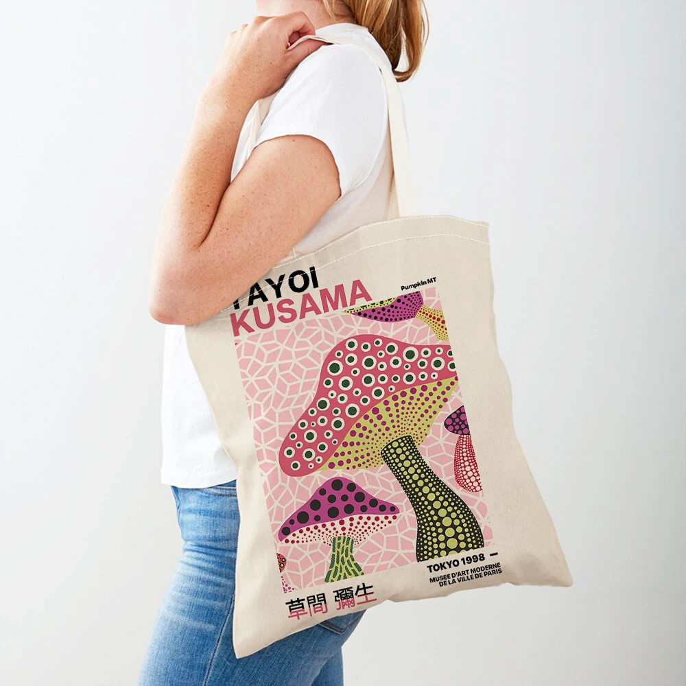 

Japan Yayoi Kusama Dots Pumpkin Retro Lady Shopping Bags Nordic Shopper Bag Double Print Women Supermarket Handbag Canvas Tote