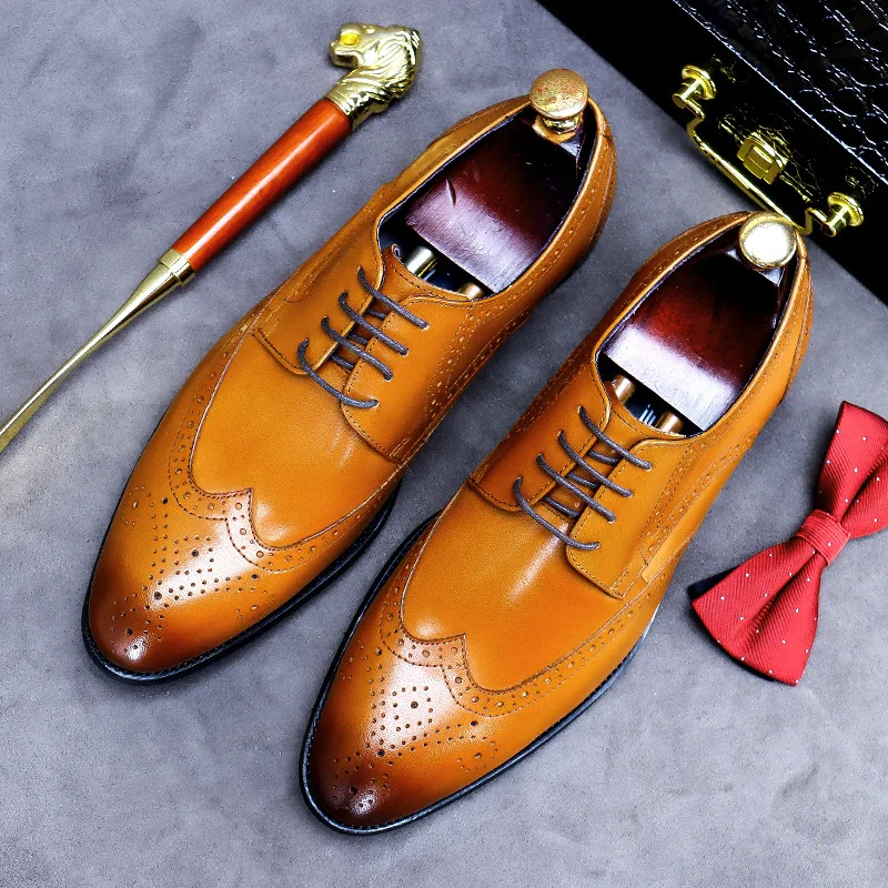 

Mens Oxford Shoes Wingtip Genuine Leather Classic Brand Lace Up Business Office Brogue Dress Shoes for Men Plus Size 46