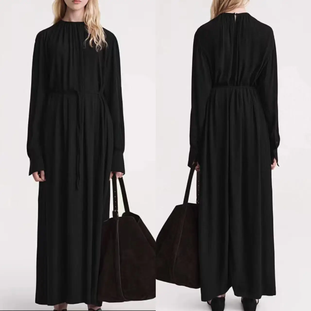 

Luxury Women's Classic Black Viscose Maxi Dress 2023 New Arrival Autumn Ladies Long Sleeve Slim Waist Lace-up Long Robes Skirts