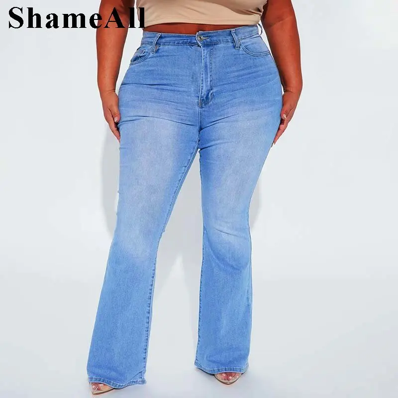 Plus Size Flower Embroidery Pockets Flare Jeans 4XL Women Stretchy Skinny Slim Fit Bell Bottoms Wide Leg Denim Pants Trousers