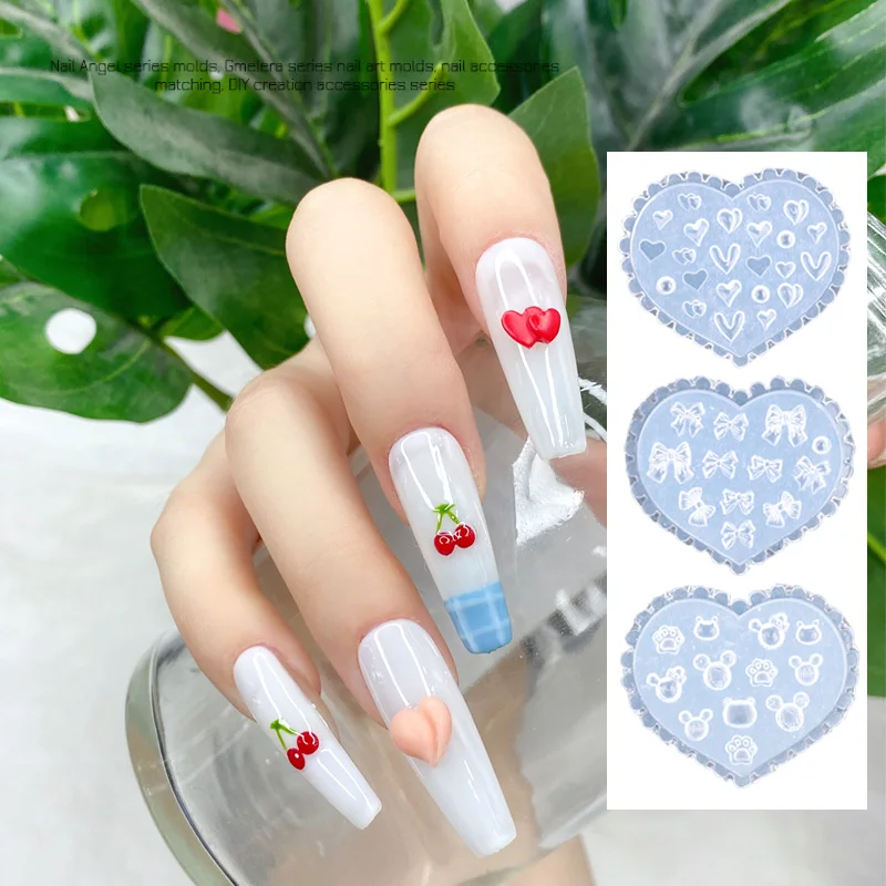 1pcs/Lot Japanese Soft Silicone Nail Peach Heart Bow Mold 3D Carved Cartoon Template Nails Accesories For Salon DIY 2