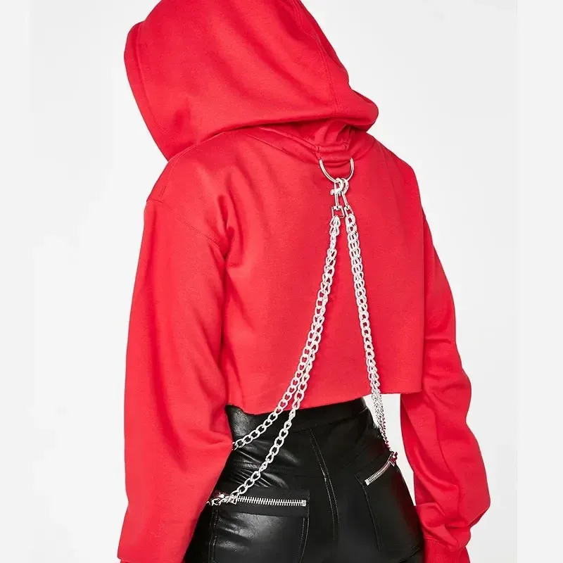 Sexy Black Red Cropped Hoodie Women Gothic Punk Loose Chain