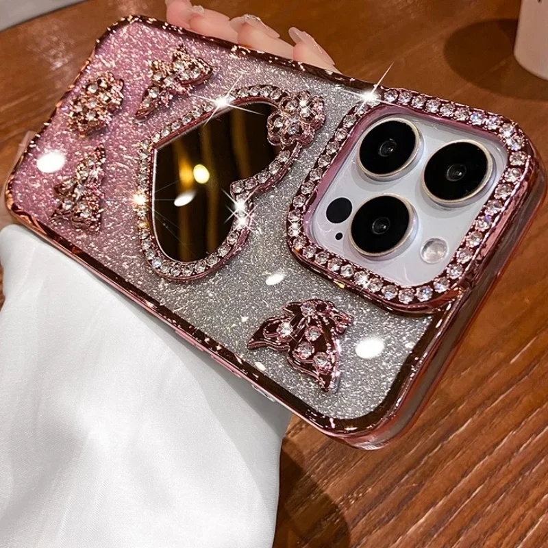 Elegant Heart Makeup Mirror Case with Plating Butterfly and Glitter Diamond Design
