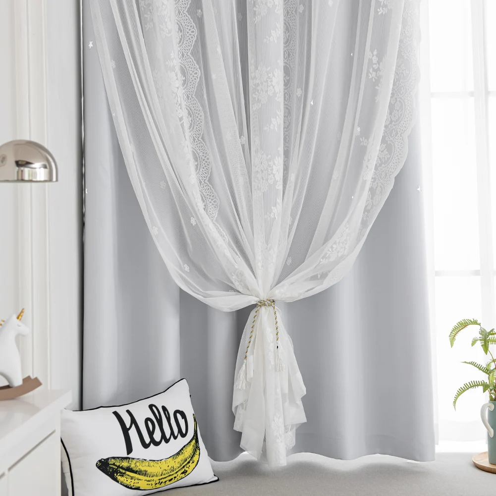 1PC Nuan Series Double Layer White Lace Tulle Curtain Blackout Drapes for Bay Window Bedroom Kids Room 4