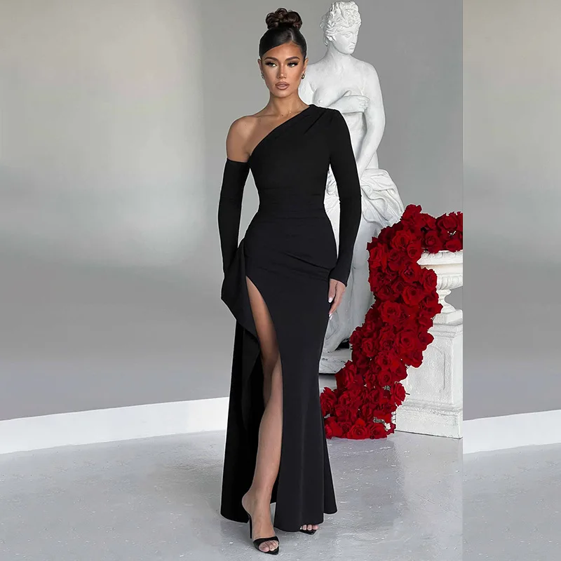 

Women Sexy One Shoulder Long Sleeve Split Night Party Club Streetwear Bodycon Black Long Dress 2023 Autumn Winter Fashion