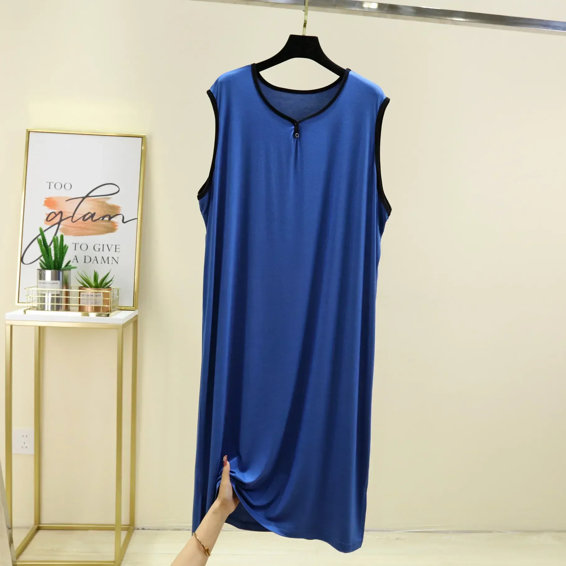 

Men Plus Thin Sleepwear Tops Color Long Cotton Sleeveless for Solid Mid Summer Modal Loose Nightshirt Size Pajamas