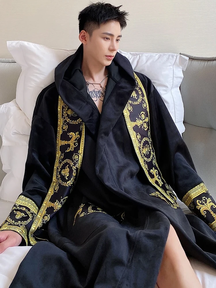 Cardigan Coat Men Loose Long Hooded Velvet Nightgown Robes Belted For LUZHEN