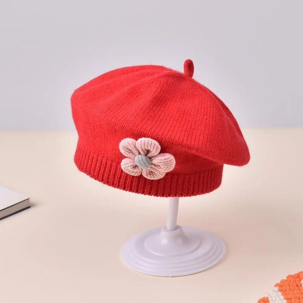 New Flower Baby Beret Hat Korean Princess Knitted Beanie Cap Artist Solid Color Artist Painter Caps For Infant Girls