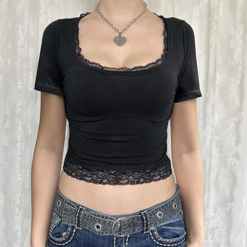 

Black Lace Stitched Crop Top Women Casual Short Sleeve Square Collar Slim T-shirts Summer Harajuku Solid Tees y2k Vintage