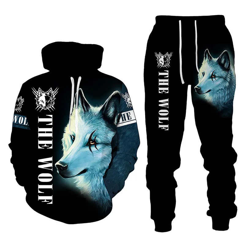 Autumn Winter 3d Wolf Printed Men's Hooded Sweater Set Animal Men's