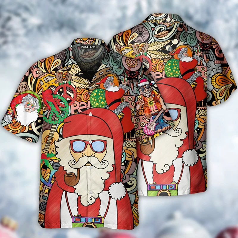 

Hawaiian Cartoon Christmas Snowman Santa Claus Skull Pattern Shirt Men Casual Loose Short Sleeve Top Anime Oversized clothing
