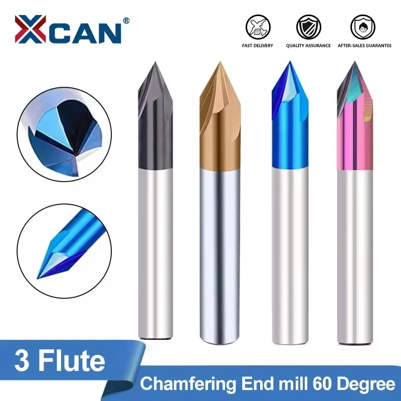 XCAN Carbide Chamfering Mill Router Bit 3 Flute 60 90 120 Degrees, Engraving End Milling Cutter for Aluminum Copper