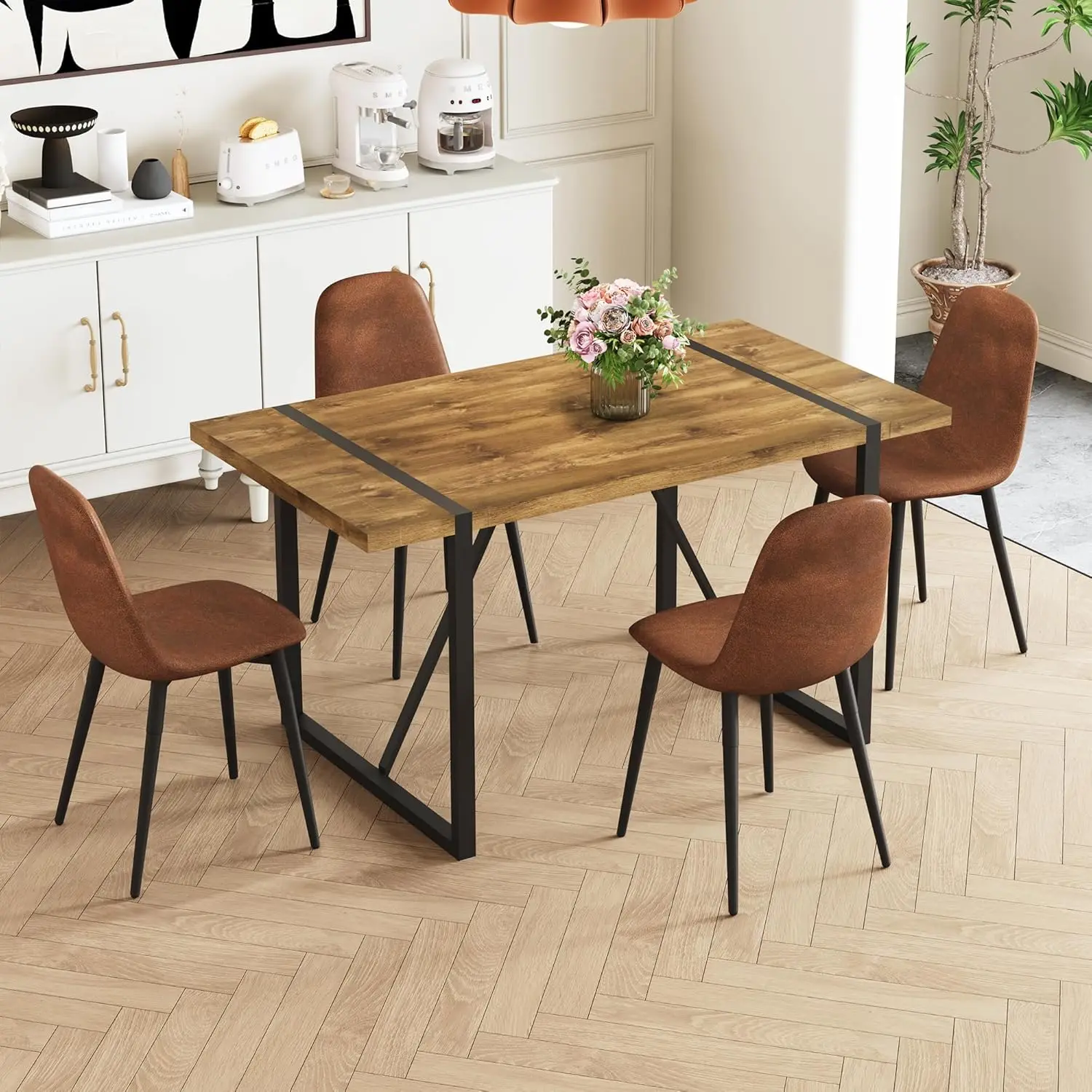Description Picture 3 of itemPiece Dining Room Table Set for 4 People, Mid Century Modern 55 Inch Rectangle Wood Kitchen Dining Table with 4 Fabric Chairs