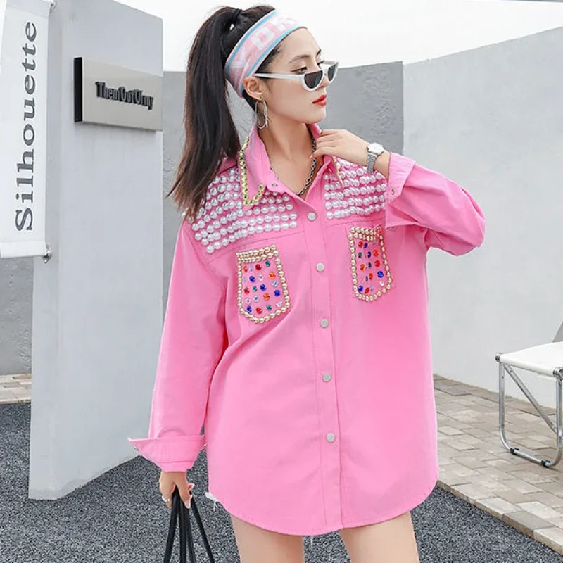 Camisa vaquera con cuentas de perlas, cárdigan vaquero con