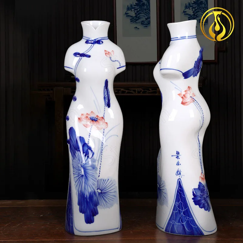 

Creative Blue and White Porcelain Cheongsam Beauty Vases Chinese Modern Floral Decorative Flower Vases Home Decoration Modern