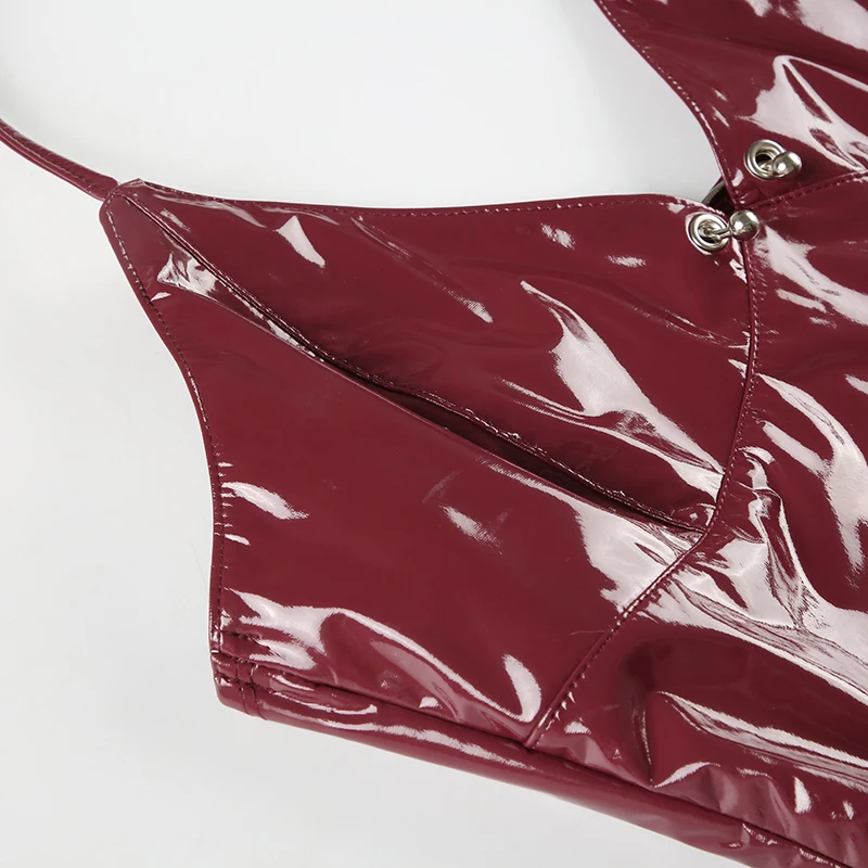 Faux Leather Red Halter Vest Club Outfits Women V-neck Metal Buckle Sexy Camis Top Backless Stylish Tanks High Street