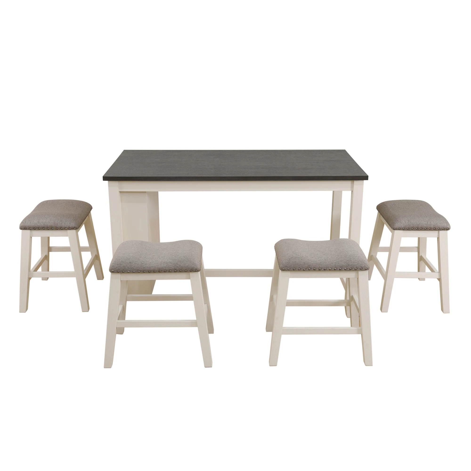 Modern Farmhouse 60" Oak Table Set – 4 Upholstered Chairs with Copper Nail Detail 2