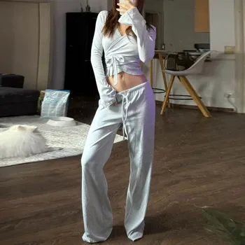 Women Fashion Lounge Set Vintage 2 Piece Outfit V Neck Waist Tie T-shirt + Elastic Waist Pants Autumn Long Sleeve Crop Tops 1