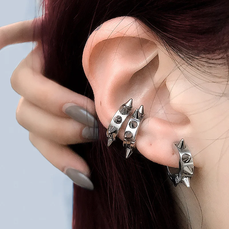 Men's Womens Punk Black Stainless Steel Goth Rivet Awl Spike Huggies Piercing Hoop Earrings...