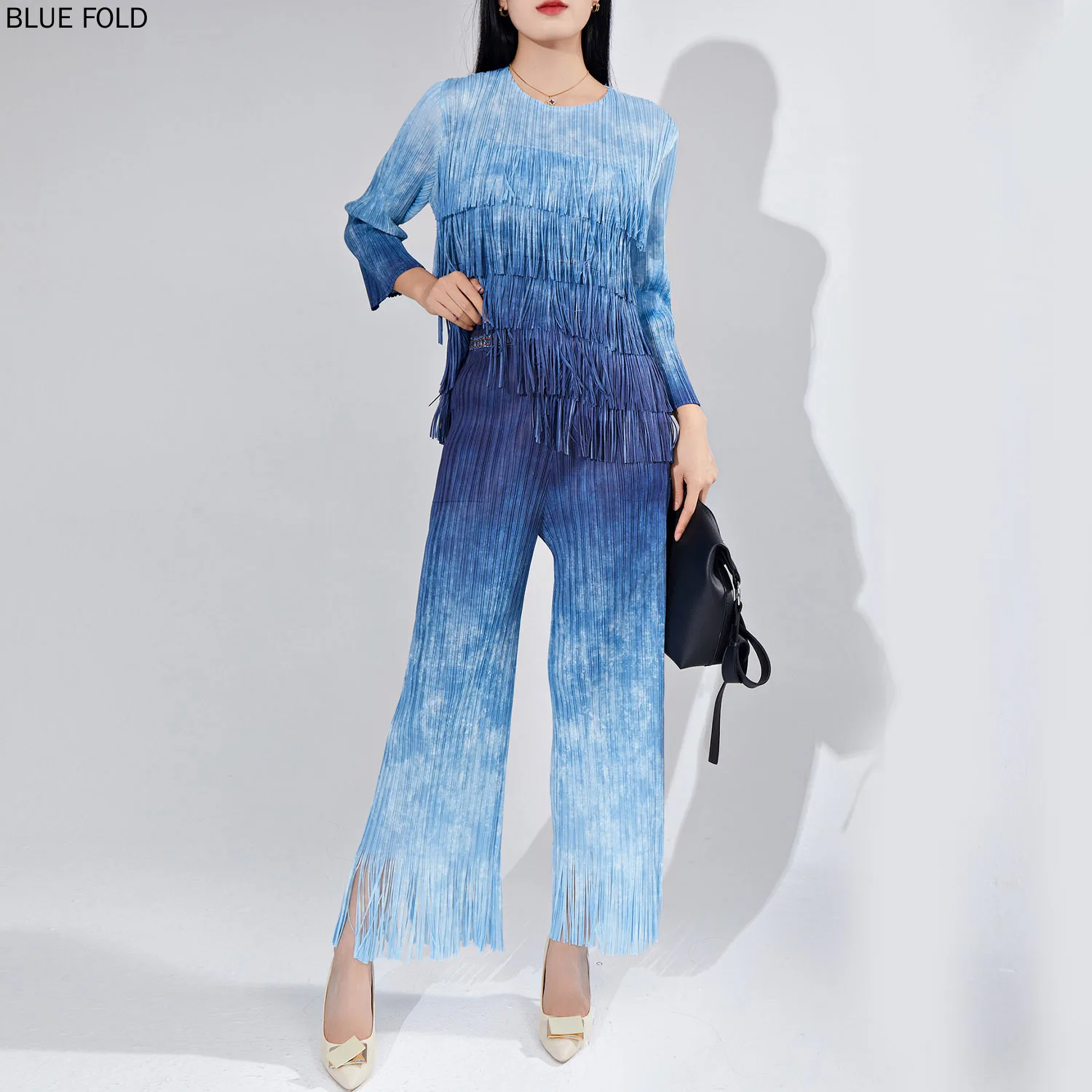 

Tassel Gradient Autumn Women's Miyake Two-piece Round Neck T-shirt Top Straight Pants Pleated Suit Womens Outfits Pants Sets