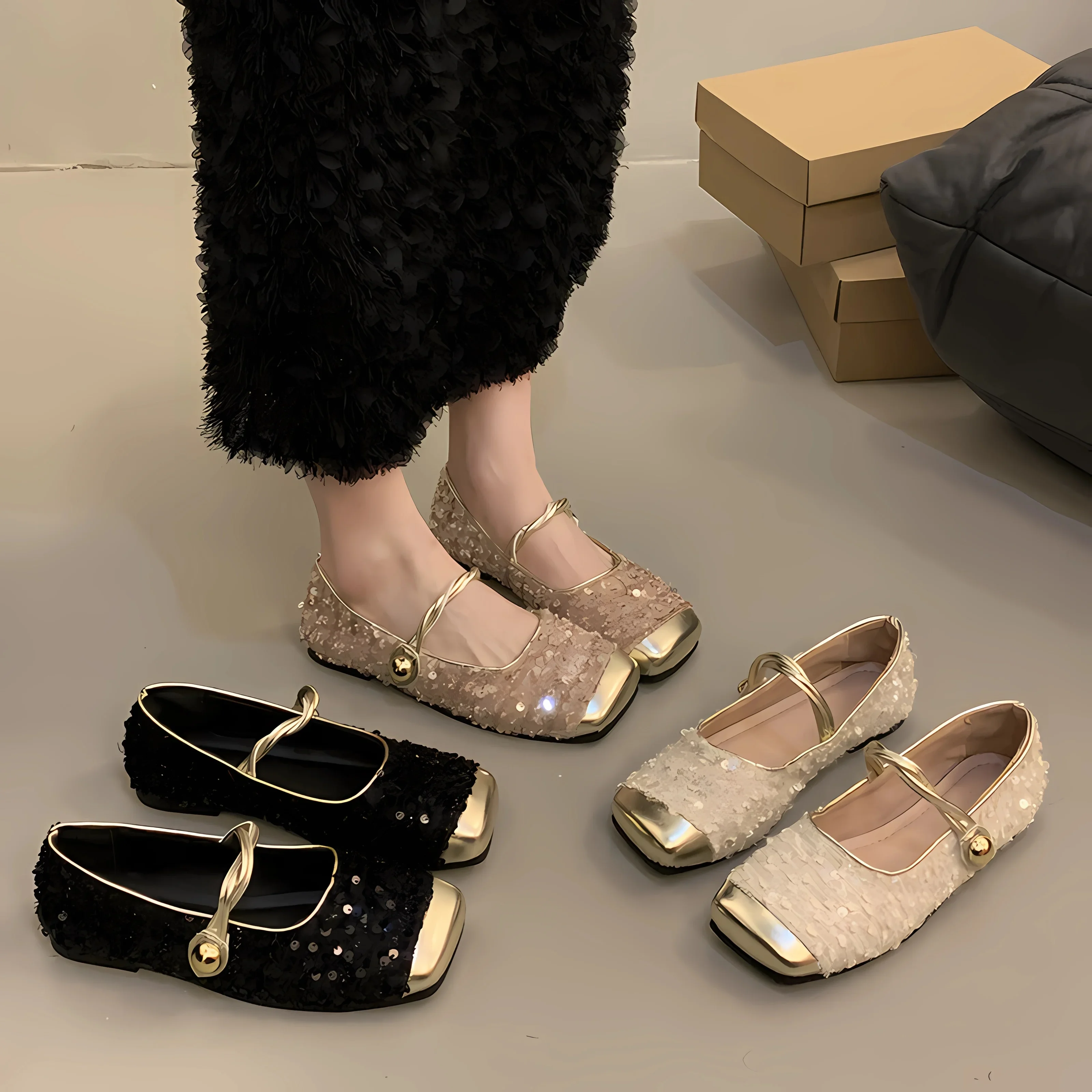 Sequin Silver Shallow Mouth Single Shoes Women  New Korean Version of Casual Fashion Women Soft Flat Mary Jane Shoes Flats