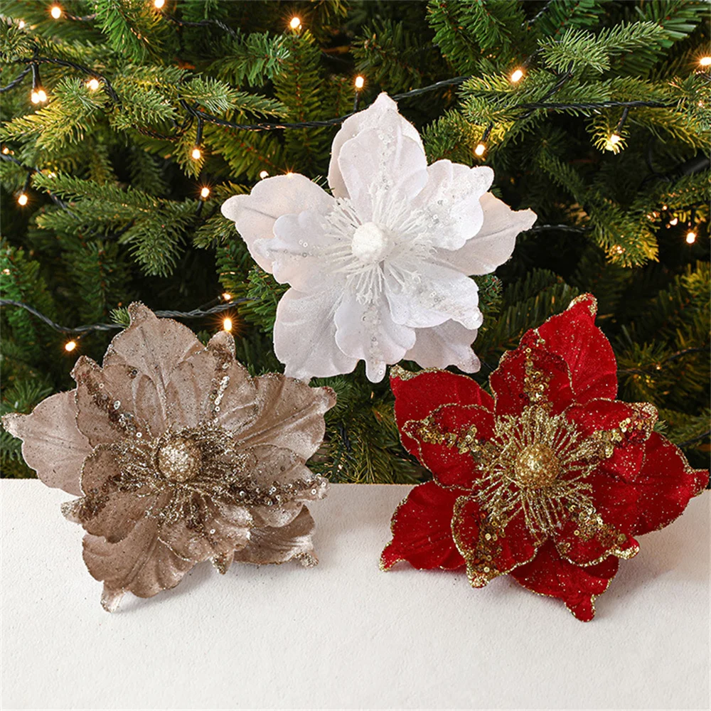 

1pcs 20cm Glitter Christmas Flower Christmas Tree Ornaments Artifical Fake Flower Pendants Xmas Navidad New Year 2024 Home Decor