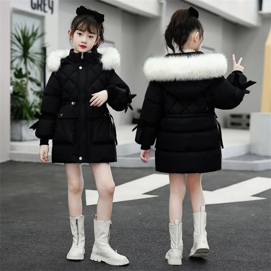 

2023 Winter Warm Jackets for Girls Fashion Fur Hooded Children Girls Waterproof Outwear Kids Cotton Lined Parkas