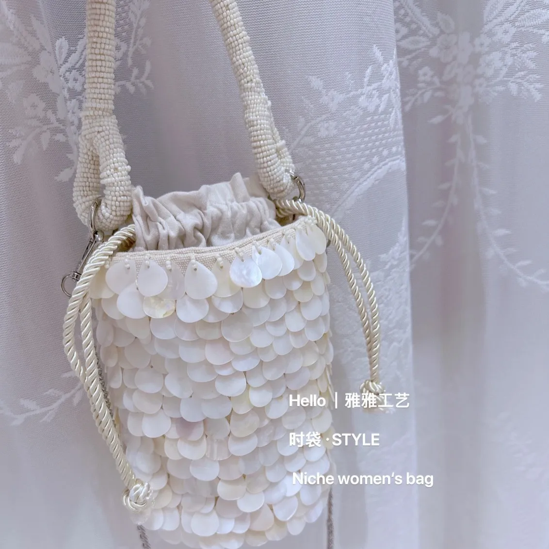 Designer Women's Bag Pearlescent Inlay Bucket Crossbody Bag Shell Beaded Handbag Sequin Wooden Handle Tote Exquisite Purse