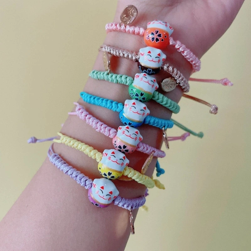 Pulsera de gato de la suerte de cuerda colorida hecha a mano para mujeres y niñas, regalos de cumpleaños, Encanto, borla, brazaletes de moda Maneki Neko, pareja