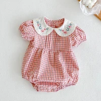 2024 Toddler Baby Girls Rompers Embroidery Bodysuit Girls Jumpsuits Princess Girls Pink Grid Rompers Toddler Summer Clothing 2