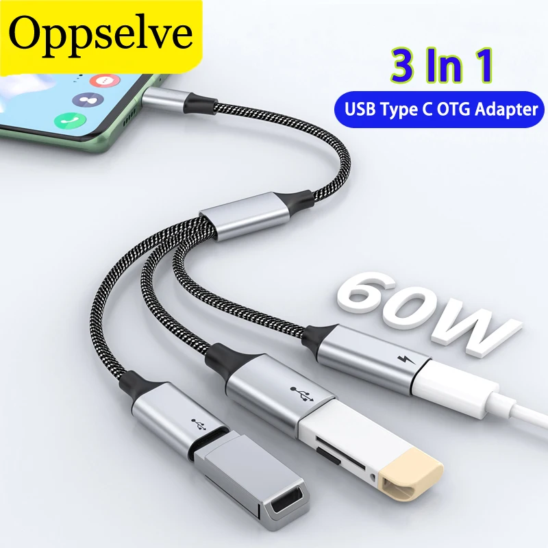 

USB C OTG Cable Phone Adapter 3 Ports HUB 3 in 1 USB To Dual Type-C PD Charging Data Wire For Macbook Pro Samsung Huawei Xiaomi